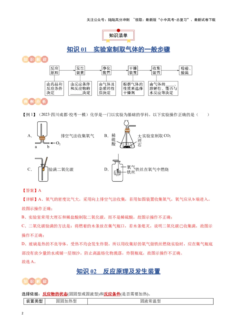 专题12常见气体的制取与净化（解析版）_02中考总复习（2026版更新中）_05-化学-中考总复习_2024年中考复习资料_一轮复习资料_完口袋书2024年中考化学一轮复习知识清单