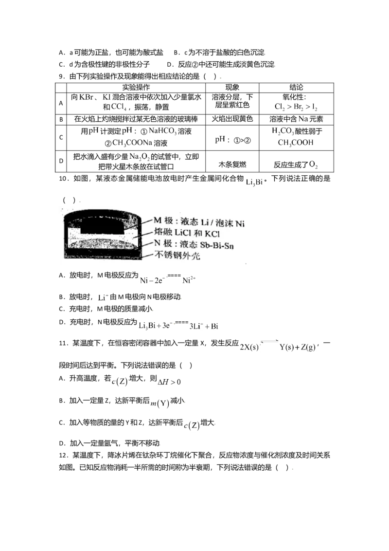 2021年高考化学试卷（辽宁卷）（原卷版）_全国卷+地方卷_5.化学_1.化学高考真题试卷_2021年高考-化学_2021新高考辽宁化学
