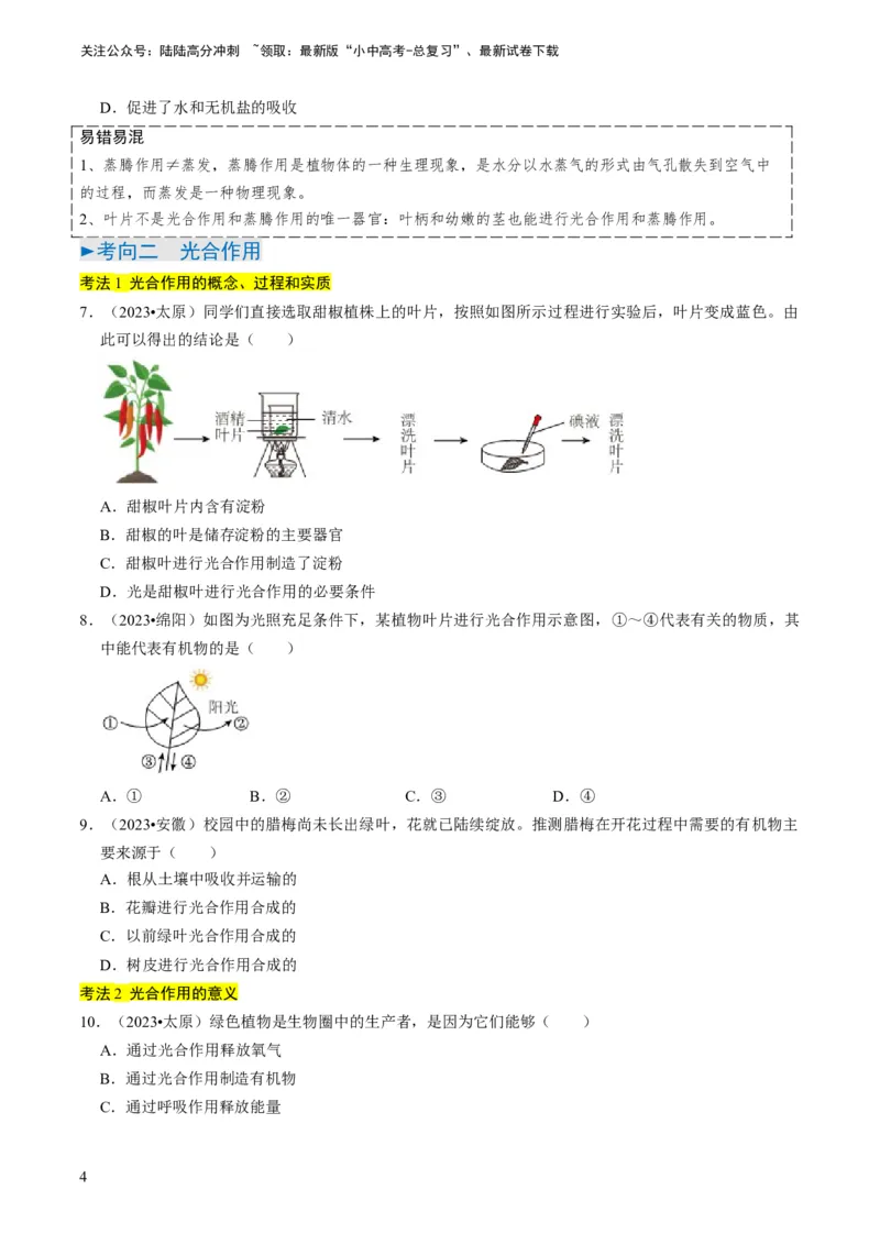 专题09绿色植物的三大生理作用（原卷版）_02中考总复习（2026版更新中）_08-生物-中考总复习_2024年中考复习资料_专项复习_备战2024年中考生物真题题源解密