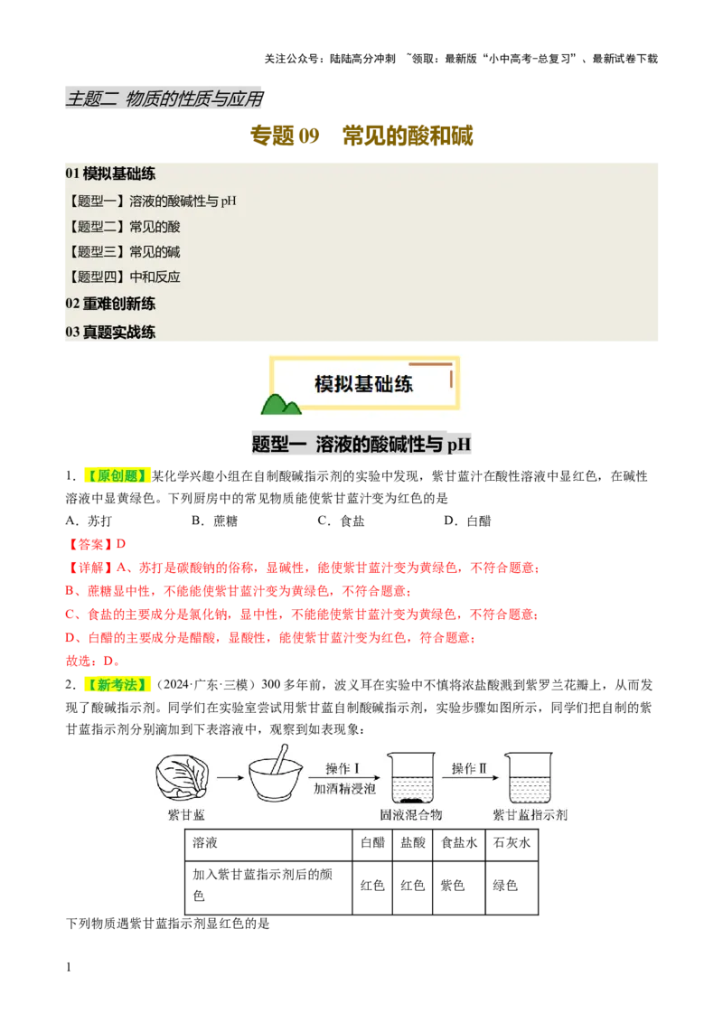 专题09常见的酸和碱（练习）（解析版）_02中考总复习（2026版更新中）_05-化学-中考总复习_2025年中考复习资料_2025中考化学一轮复习讲义+课件_练习_专题09常见的酸和碱（练习）