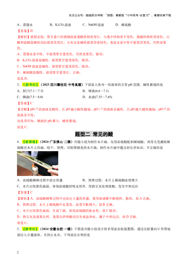 专题09常见的酸和碱（练习）（解析版）_02中考总复习（2026版更新中）_05-化学-中考总复习_2025年中考复习资料_2025中考化学一轮复习讲义+课件_练习_专题09常见的酸和碱（练习）