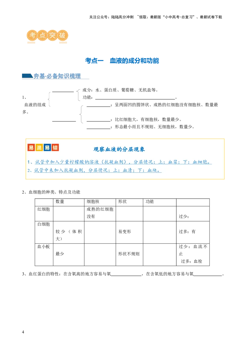 专题12人体内物质的运输（讲义）（原卷版）_02中考总复习（2026版更新中）_08-生物-中考总复习_2024年中考复习资料_一轮复习_❤2024年中考生物一轮复习讲练测（全国通用）_讲义