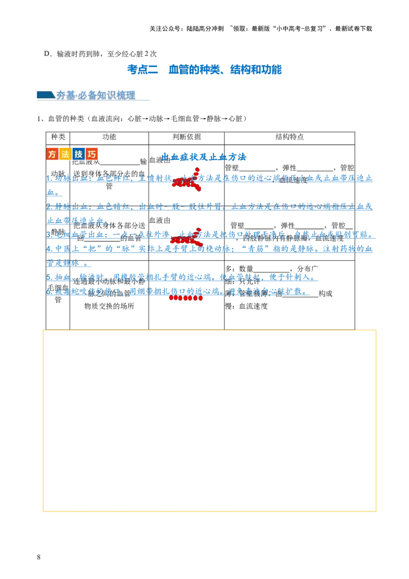 专题12人体内物质的运输（讲义）（原卷版）_02中考总复习（2026版更新中）_08-生物-中考总复习_2024年中考复习资料_一轮复习_❤2024年中考生物一轮复习讲练测（全国通用）_讲义