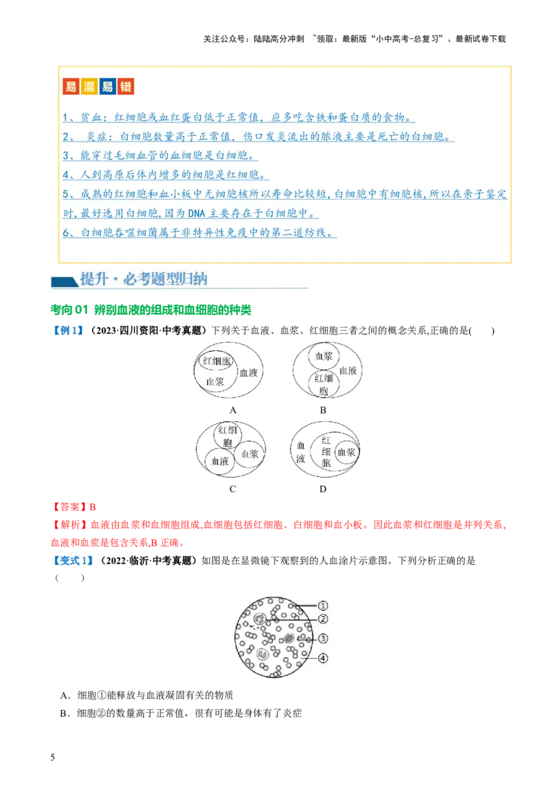 专题12人体内物质的运输（讲义）（解析版）_02中考总复习（2026版更新中）_08-生物-中考总复习_2024年中考复习资料_一轮复习_❤2024年中考生物一轮复习讲练测（全国通用）_讲义