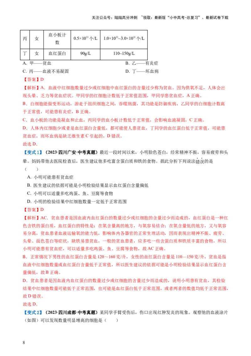 专题12人体内物质的运输（讲义）（解析版）_02中考总复习（2026版更新中）_08-生物-中考总复习_2024年中考复习资料_一轮复习_❤2024年中考生物一轮复习讲练测（全国通用）_讲义