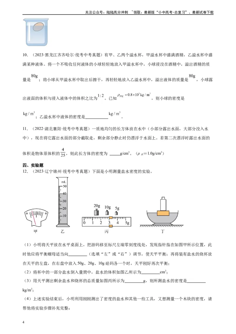 专题10浮力10.3物体的浮沉条件及应用（学生版）_02中考总复习（2026版更新中）_04-物理-中考总复习_2024年中考复习资料_专项复习资料