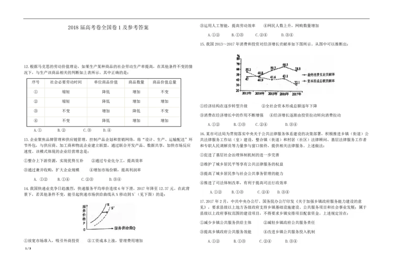 2018年高考真题政治（山东卷）（解析版）_全国卷+地方卷_9.政治_1.政治高考真题试卷_2008-2020年_地方卷_山东高考政治08-21_山东高考政治_A3版_PDF版