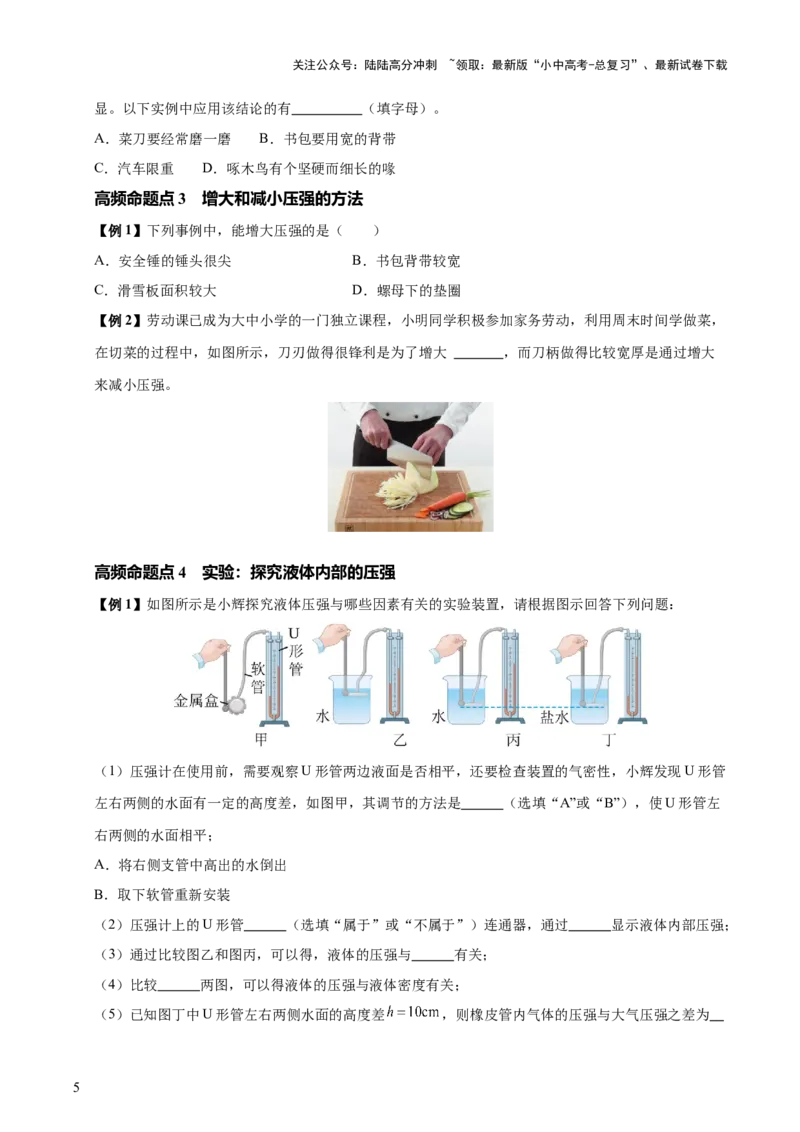 专题10压强（4大模块知识清单+5个易混易错+5种方法技巧+典例真题精析）（原卷版）_02中考总复习（2026版更新中）_04-物理-中考总复习_2025年中考复习资料_2025年中考物理一轮知识梳理
