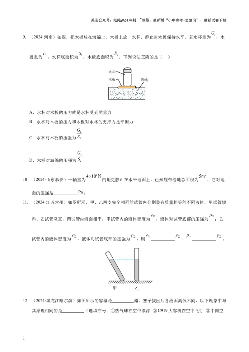 专题10压强（4大模块知识清单+5个易混易错+5种方法技巧+典例真题精析）（原卷版）_02中考总复习（2026版更新中）_04-物理-中考总复习_2025年中考复习资料_2025年中考物理一轮知识梳理