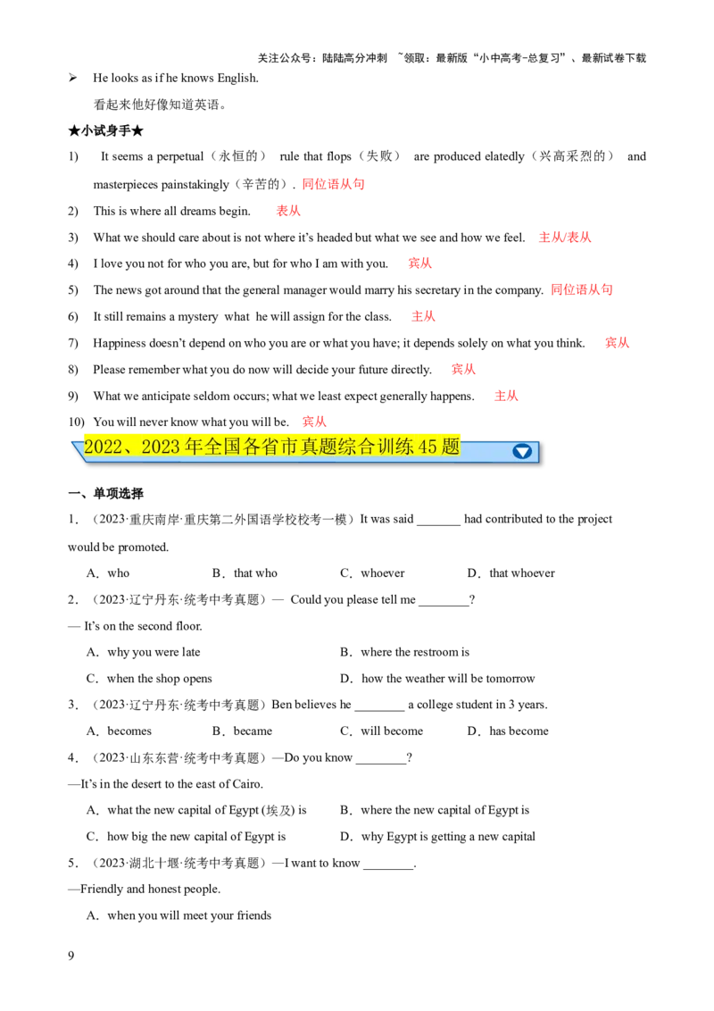 专题10名词性从句知识梳理-口袋书2024年中考英语一轮复习知识清单（全国通用）（解析版）_02中考总复习（2026版更新中）_03-英语-中考总复习_2024年中考复习资料_一轮复习