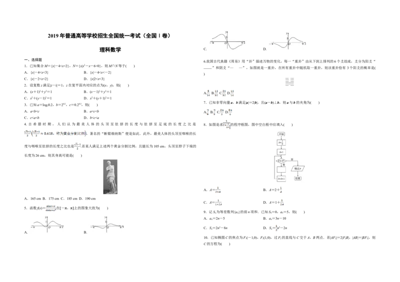 2019年全国统一高考数学试卷（理科）（新课标Ⅰ）（原卷版）_全国卷+地方卷_2.数学_1.数学高考真题试卷_2008-2020年_地方卷_福建高考数学07-22_A3word版