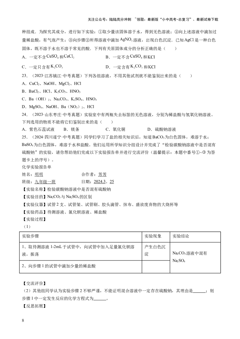 专题09盐和化肥（原卷版）_02中考总复习（2026版更新中）_05-化学-中考总复习_2026年中考复习（更新中）_好题汇编三年（2023-2025）中考化学真题分类汇编（全国通用）