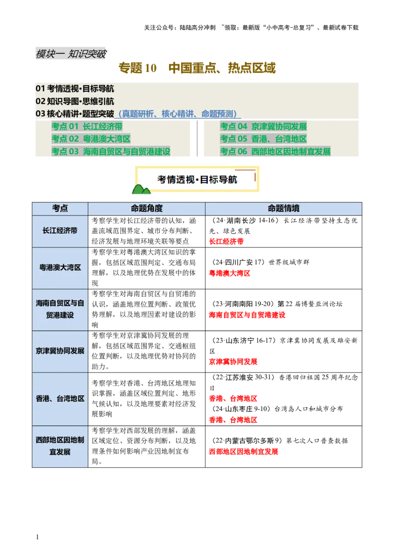 专题10中国重点、热点区域（讲练）（原卷版）_02中考总复习（2026版更新中）_09-地理-中考总复习_2025中考地理复习资料_2025中考二轮课件ppt+讲义+练习地理_讲义+练习