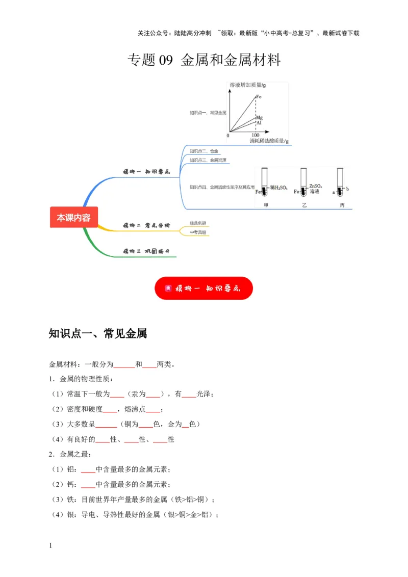 专题09金属和金属材料（原卷版）_02中考总复习（2026版更新中）_05-化学-中考总复习_2024年中考复习资料_专项复习资料_2024年中考化学复习考点一遍过（全国通用）