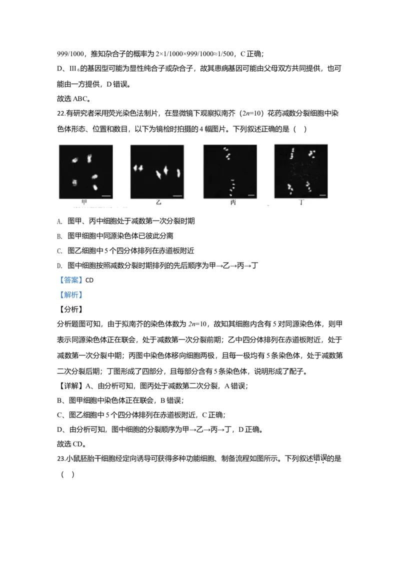2020年江苏省高考生物试卷解析版_全国卷+地方卷_6.生物_1.生物高考真题试卷_2008-2020年_地方卷_江苏高考生物07-20_A4word版