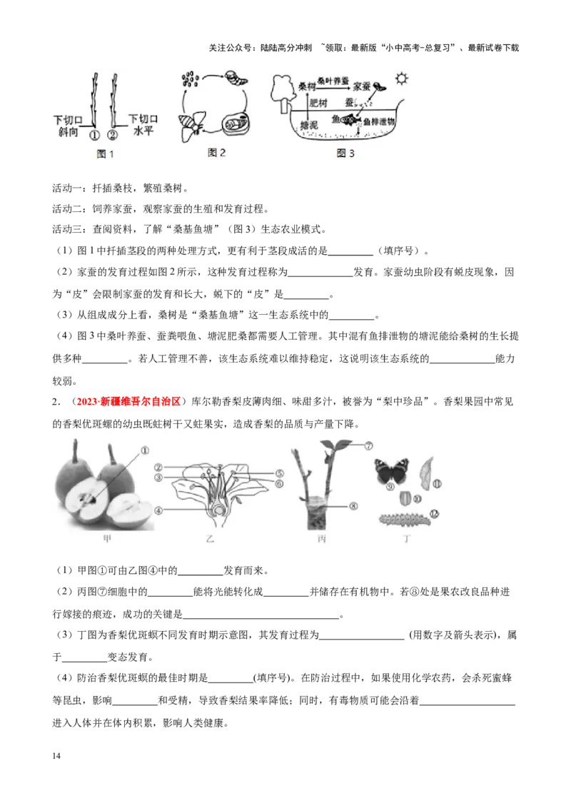 专题12&nbsp;其他生物的生殖和发育（原卷版）_02中考总复习（2026版更新中）_08-生物-中考总复习_2024年中考复习资料_专项复习_完三年（2021-2023）中考生物真题分项汇编（全国通用）
