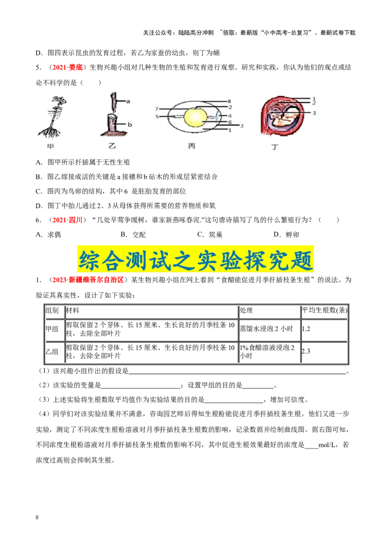 专题12&nbsp;其他生物的生殖和发育（原卷版）_02中考总复习（2026版更新中）_08-生物-中考总复习_2024年中考复习资料_专项复习_完三年（2021-2023）中考生物真题分项汇编（全国通用）