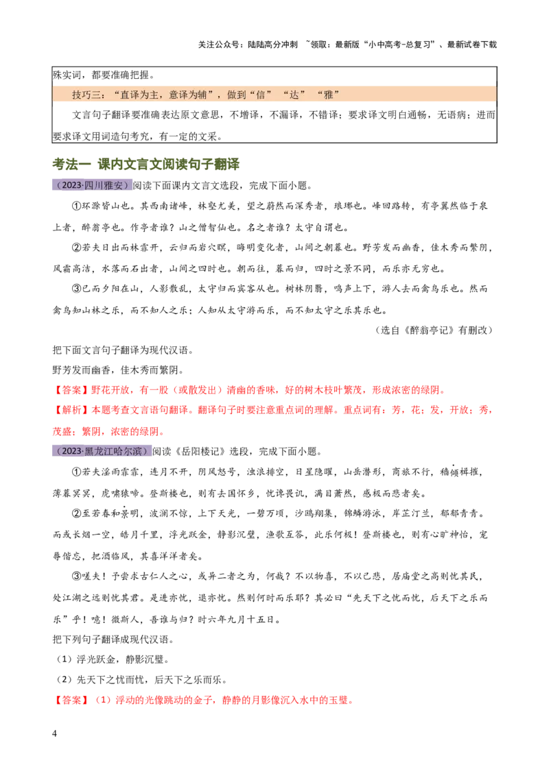 专题10句子翻译（讲练）-2024年中考语文二轮复习讲练测（全国通用）（解析版）_02中考总复习（2026版更新中）_01-语文-中考总复习_2024年中考资料_二轮复习_讲义