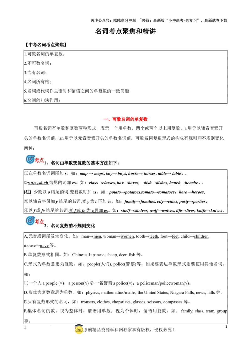 专题1.名词考点聚焦和精讲（解析版）_02中考总复习（2026版更新中）_03-英语-中考总复习_2024年中考复习资料_一轮复习_备战2024年中考英语一轮复习考点帮（全国通用）