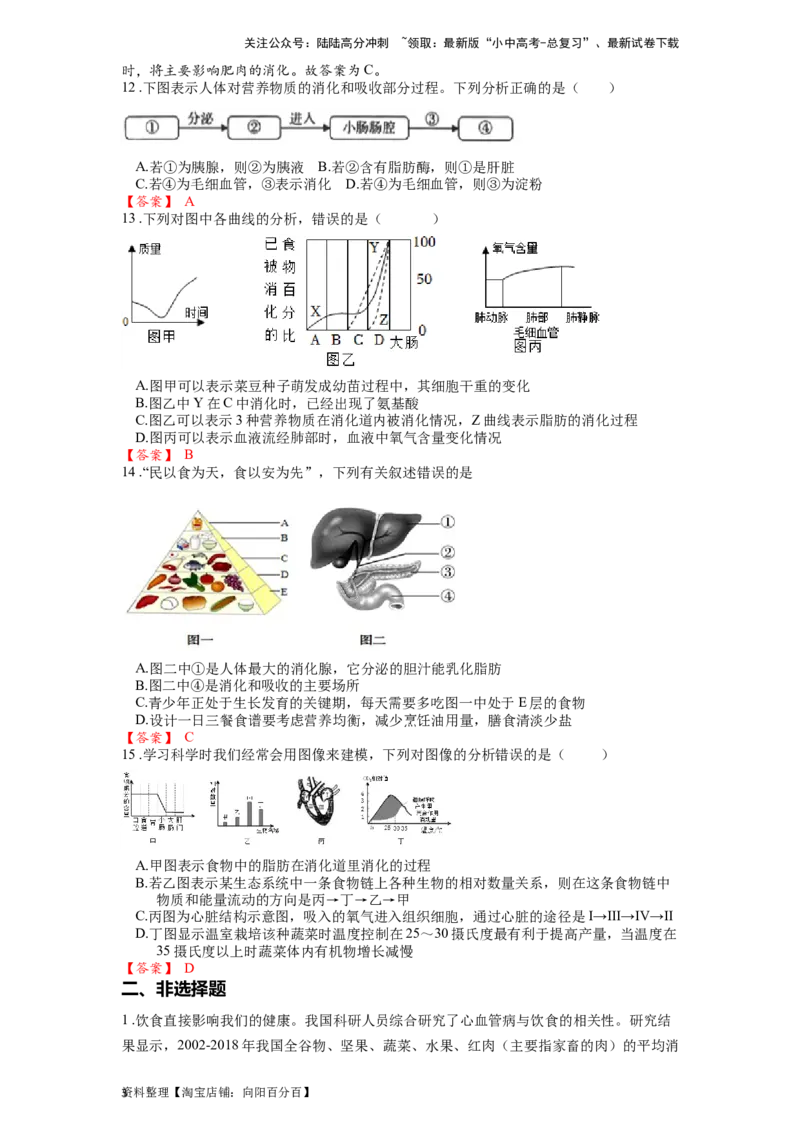 专题12人体的营养（解析版）_02中考总复习（2026版更新中）_08-生物-中考总复习_2024年中考复习资料_一轮复习_配套练习_教师版（含答案解析）