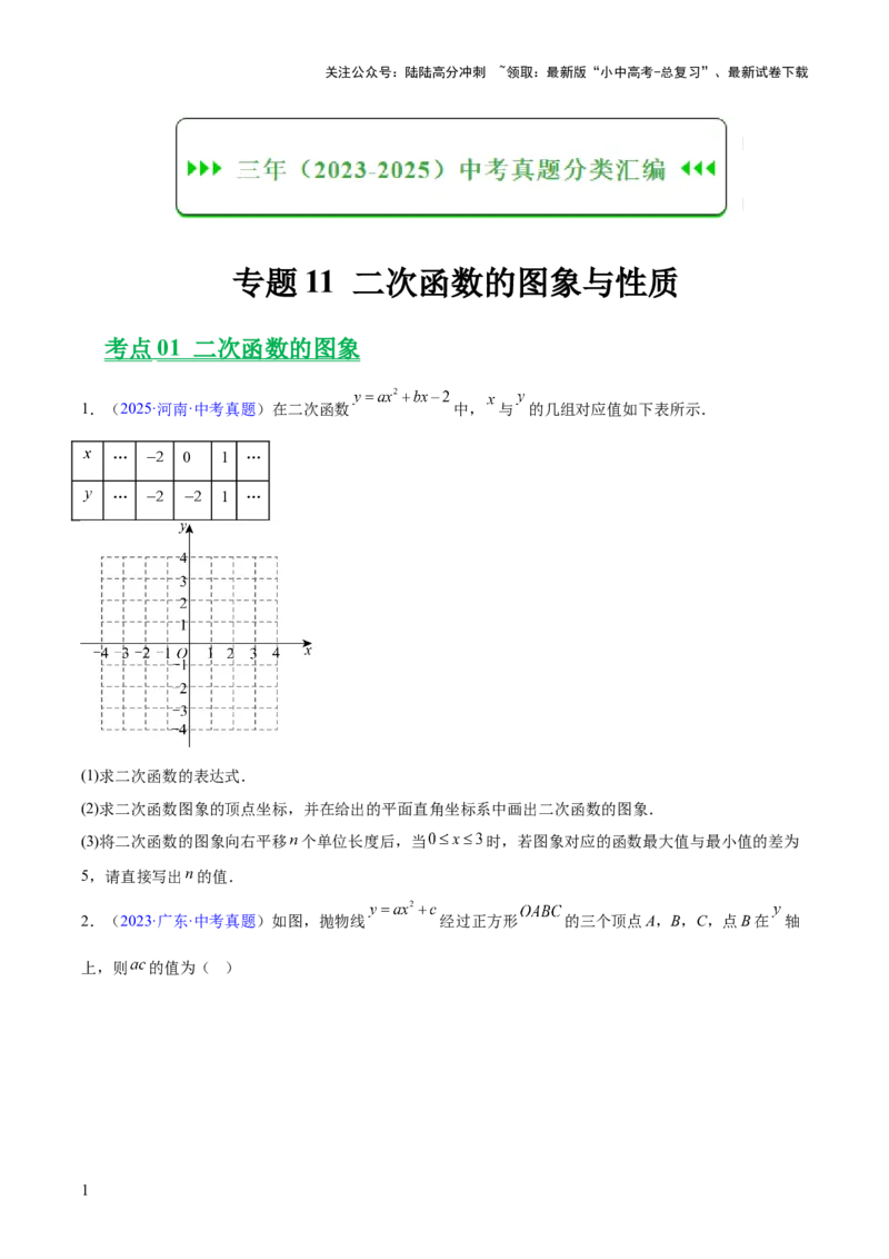 专题11二次函数的图象与性质（全国通用）（原卷版）_02中考总复习（2026版更新中）_02-数学-中考总复习_2026年中考复习（更新中）