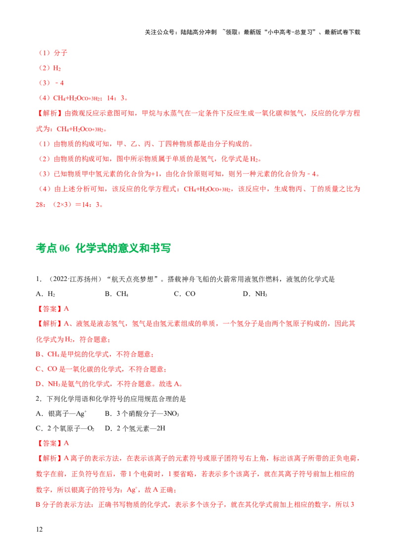 专题10化学式与化学用语（练习）-2024年中考化学一轮复习讲练测（全国通用）（解析版）_02中考总复习（2026版更新中）_05-化学-中考总复习_2024年中考复习资料_一轮复习资料