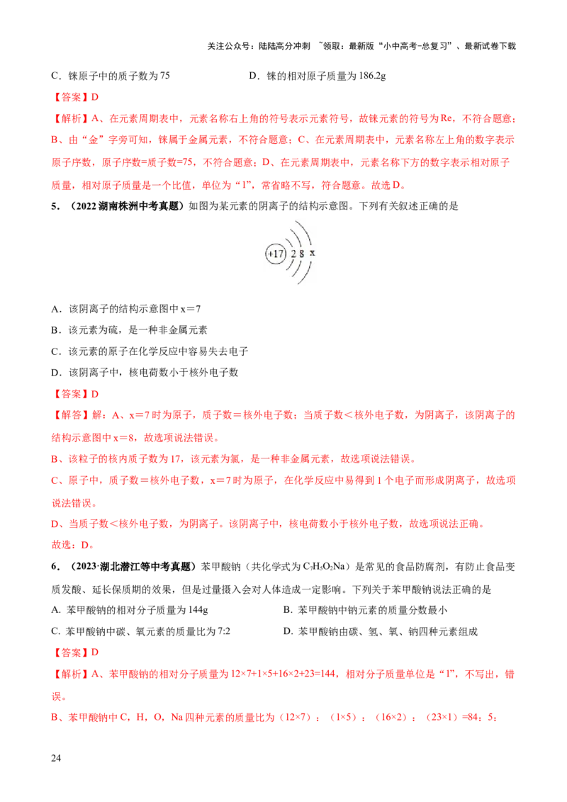 专题10化学式与化学用语（练习）-2024年中考化学一轮复习讲练测（全国通用）（解析版）_02中考总复习（2026版更新中）_05-化学-中考总复习_2024年中考复习资料_一轮复习资料
