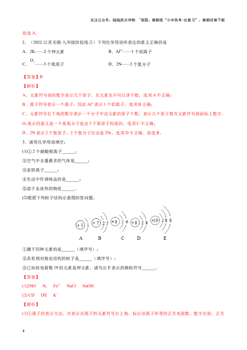 专题10化学式与化学用语（练习）-2024年中考化学一轮复习讲练测（全国通用）（解析版）_02中考总复习（2026版更新中）_05-化学-中考总复习_2024年中考复习资料_一轮复习资料