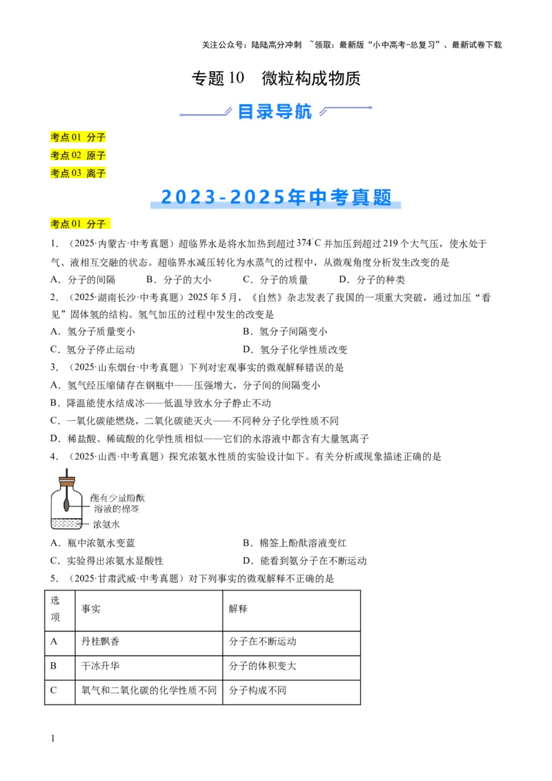 专题10微粒构成物质（原卷版）_02中考总复习（2026版更新中）_05-化学-中考总复习_2026年中考复习（更新中）_好题汇编三年（2023-2025）中考化学真题分类汇编（全国通用）