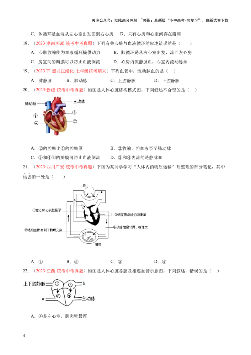 专题12人体内物质的运输（原卷版）_02中考总复习（2026版更新中）_08-生物-中考总复习_2024年中考复习资料_一轮复习_❤备战2024年中考生物一轮复习考点帮（全国通用）_练习