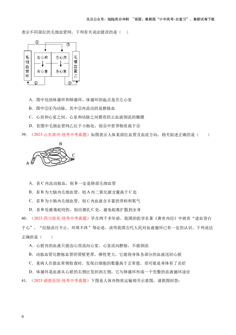 专题12人体内物质的运输（原卷版）_02中考总复习（2026版更新中）_08-生物-中考总复习_2024年中考复习资料_一轮复习_❤备战2024年中考生物一轮复习考点帮（全国通用）_练习