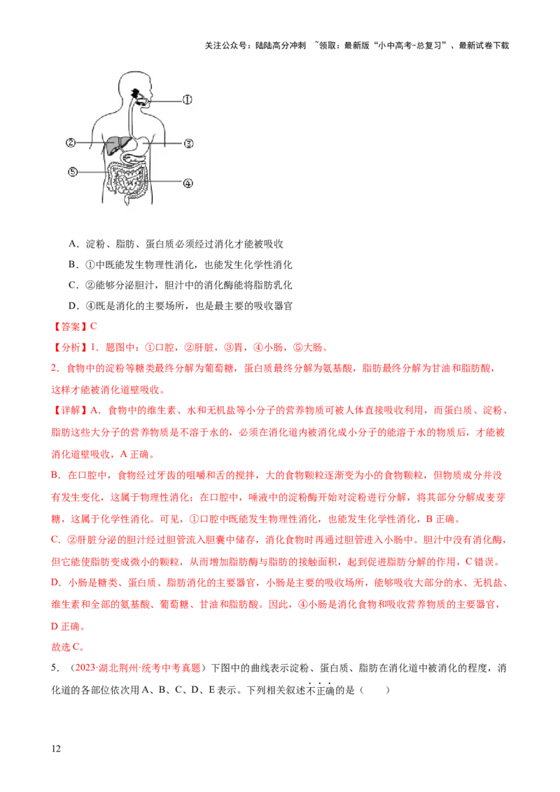 专题10人体的营养（解析版）_02中考总复习（2026版更新中）_08-生物-中考总复习_2024年中考复习资料_一轮复习_❤备战2024年中考生物一轮复习考点帮（全国通用）_练习