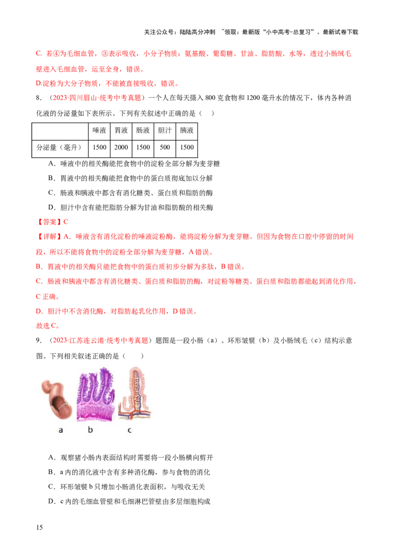 专题10人体的营养（解析版）_02中考总复习（2026版更新中）_08-生物-中考总复习_2024年中考复习资料_一轮复习_❤备战2024年中考生物一轮复习考点帮（全国通用）_练习