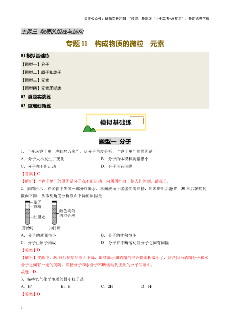 专题11构成物质的微粒元素（练习）（解析版）_02中考总复习（2026版更新中）_05-化学-中考总复习_2025年中考复习资料_2025中考化学一轮复习讲义+课件_练习