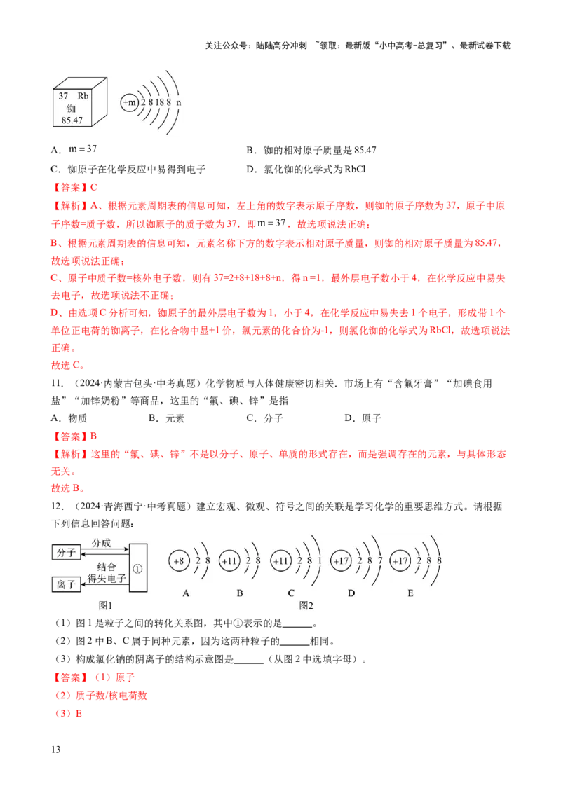 专题11构成物质的微粒元素（练习）（解析版）_02中考总复习（2026版更新中）_05-化学-中考总复习_2025年中考复习资料_2025中考化学一轮复习讲义+课件_练习