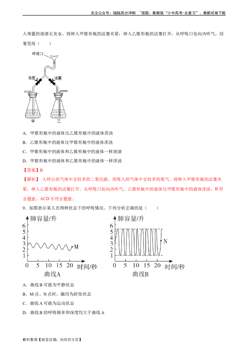 专题11人体的呼吸（习题精练）（全国通用）（解析版）_02中考总复习（2026版更新中）_08-生物-中考总复习_2024年中考复习资料_一轮复习_配套练习（原卷版+解析版）_答案解析版