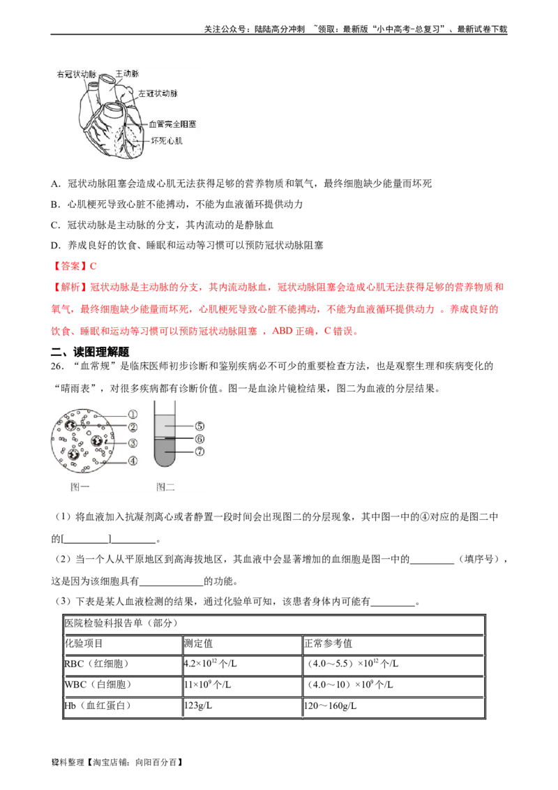 专题12人体内物质的运输（习题精练）（全国通用）（解析版）_02中考总复习（2026版更新中）_08-生物-中考总复习_2024年中考复习资料_一轮复习_配套练习（原卷版+解析版）_答案解析版