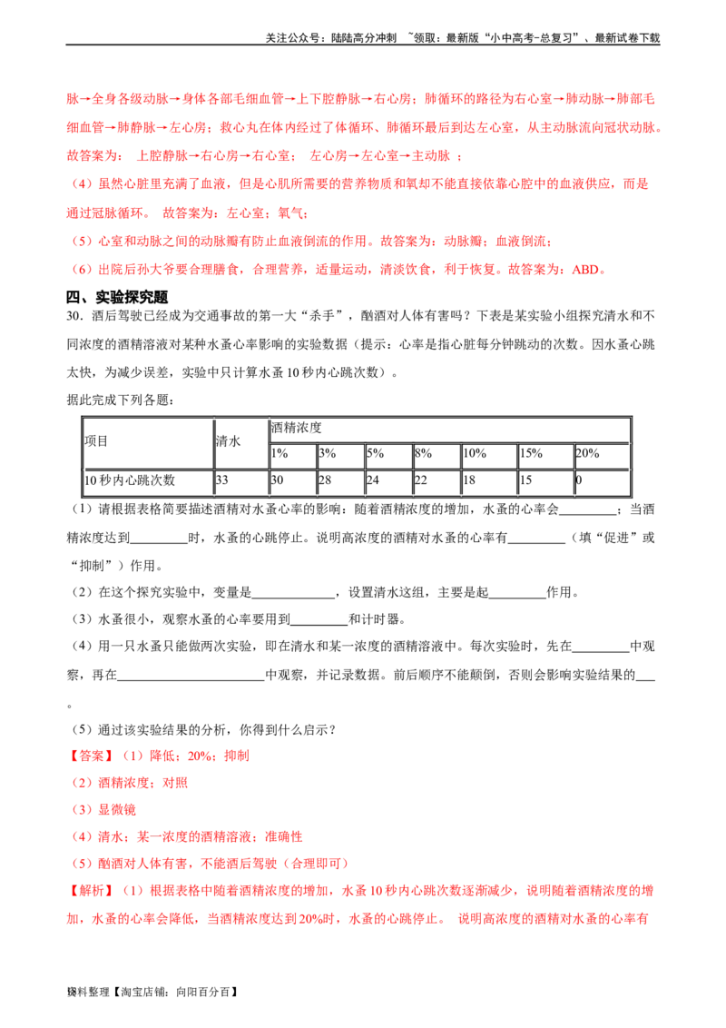 专题12人体内物质的运输（习题精练）（全国通用）（解析版）_02中考总复习（2026版更新中）_08-生物-中考总复习_2024年中考复习资料_一轮复习_配套练习（原卷版+解析版）_答案解析版