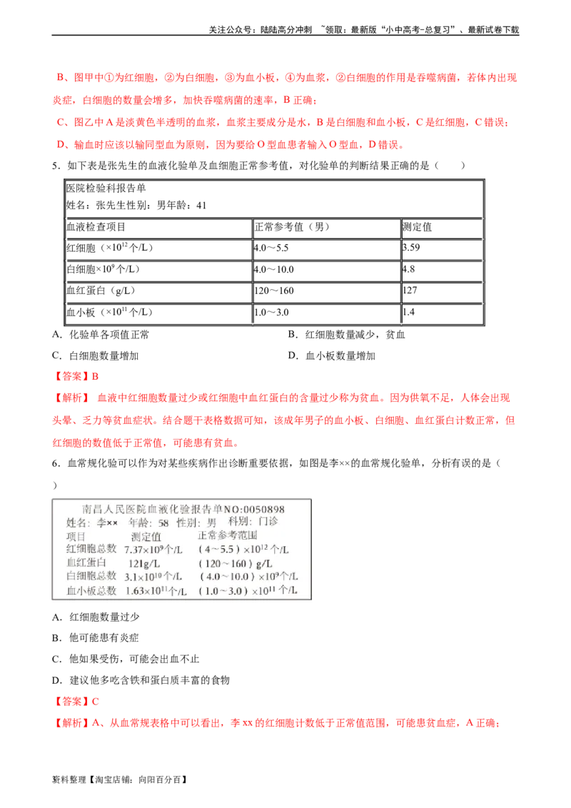 专题12人体内物质的运输（习题精练）（全国通用）（解析版）_02中考总复习（2026版更新中）_08-生物-中考总复习_2024年中考复习资料_一轮复习_配套练习（原卷版+解析版）_答案解析版