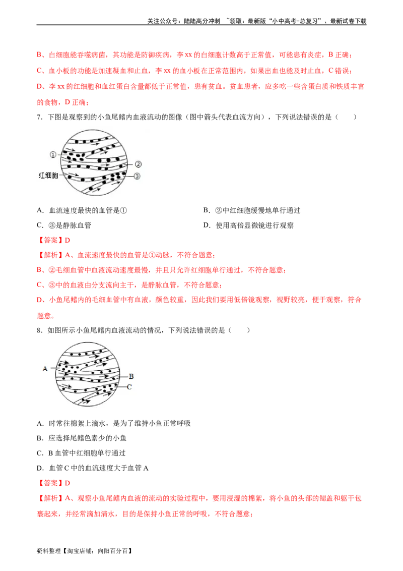 专题12人体内物质的运输（习题精练）（全国通用）（解析版）_02中考总复习（2026版更新中）_08-生物-中考总复习_2024年中考复习资料_一轮复习_配套练习（原卷版+解析版）_答案解析版