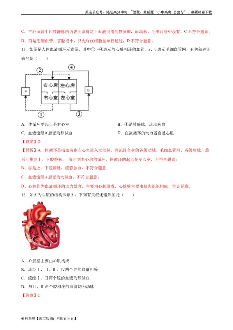 专题12人体内物质的运输（习题精练）（全国通用）（解析版）_02中考总复习（2026版更新中）_08-生物-中考总复习_2024年中考复习资料_一轮复习_配套练习（原卷版+解析版）_答案解析版