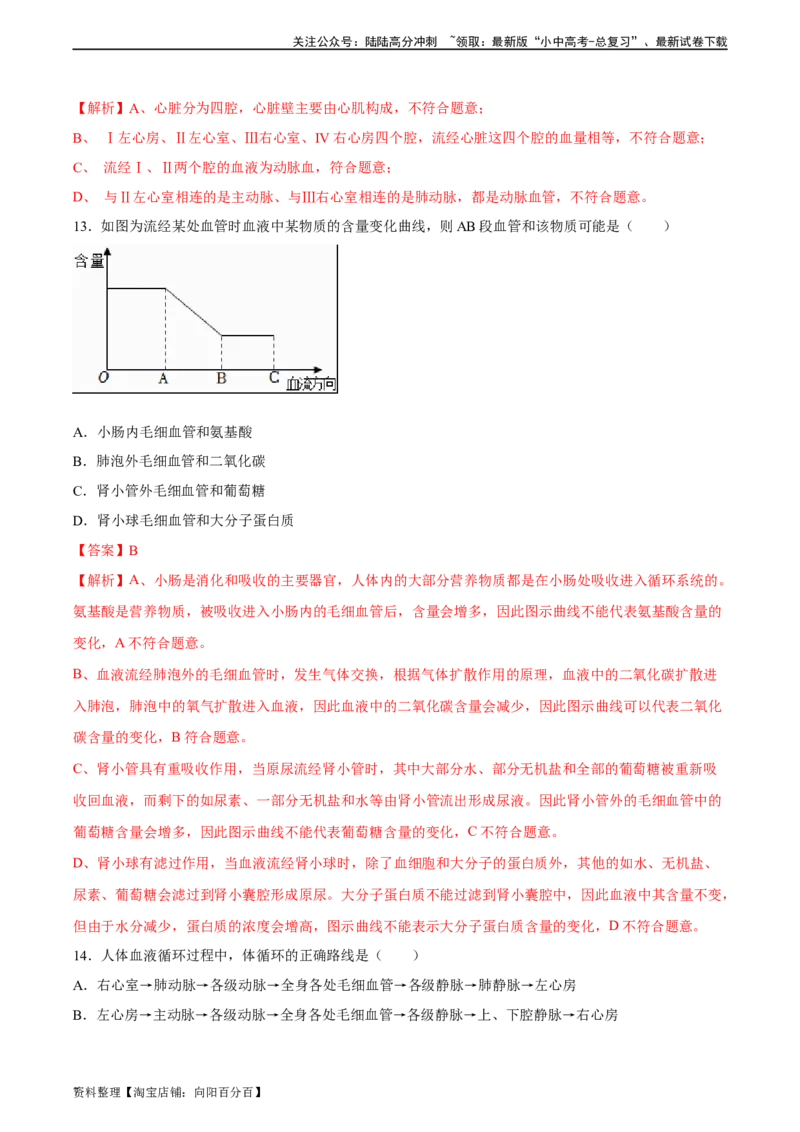 专题12人体内物质的运输（习题精练）（全国通用）（解析版）_02中考总复习（2026版更新中）_08-生物-中考总复习_2024年中考复习资料_一轮复习_配套练习（原卷版+解析版）_答案解析版