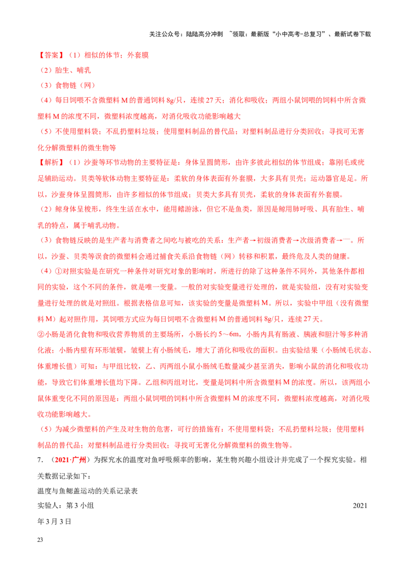 专题10&nbsp;植物、动物和微生物类群（解析版）_02中考总复习（2026版更新中）_08-生物-中考总复习_2024年中考复习资料_专项复习_完三年（2021-2023）中考生物真题分项汇编（全国通用）