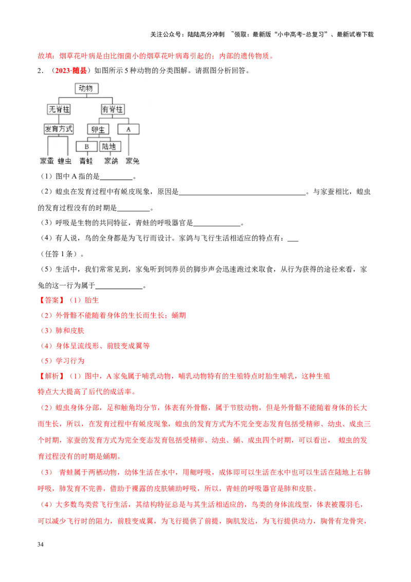 专题10&nbsp;植物、动物和微生物类群（解析版）_02中考总复习（2026版更新中）_08-生物-中考总复习_2024年中考复习资料_专项复习_完三年（2021-2023）中考生物真题分项汇编（全国通用）