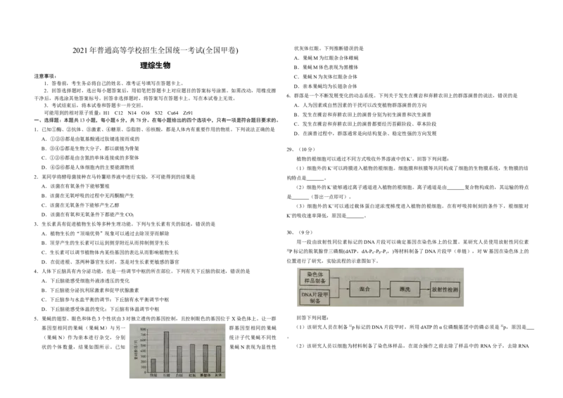 2021年全国统一高考生物试卷（新课标Ⅲ）（原卷版）_全国卷+地方卷_6.生物_1.生物高考真题试卷_2008-2020年_全国卷_全国统一高考生物（新课标ⅲ）16-21_A3word版
