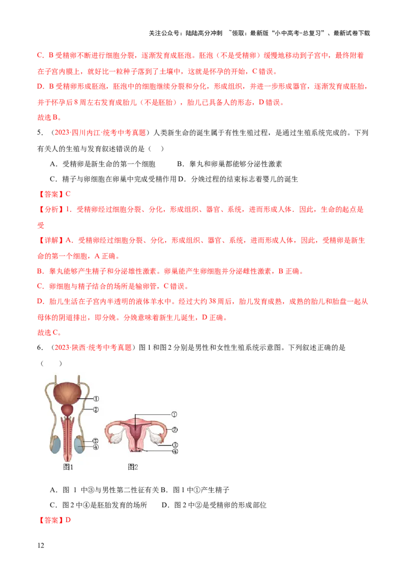 专题09人的由来（解析版）_02中考总复习（2026版更新中）_08-生物-中考总复习_2024年中考复习资料_一轮复习_❤备战2024年中考生物一轮复习考点帮（全国通用）_练习