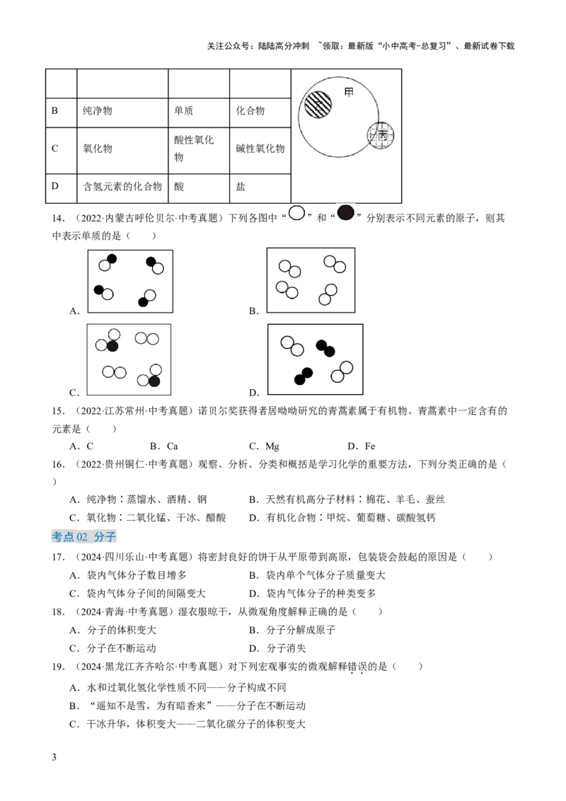 专题10物质的分类微粒构成物质（原卷版）-好题汇编三年（2022-2024）中考化学真题分类汇编（全国通用）_02中考总复习（2026版更新中）_05-化学-中考总复习_2025年中考复习资料