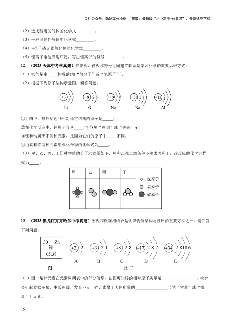 专题10化学式与化学用语（练习）-2024年中考化学一轮复习讲练测（全国通用）（原卷版）_02中考总复习（2026版更新中）_05-化学-中考总复习_2024年中考复习资料_一轮复习资料