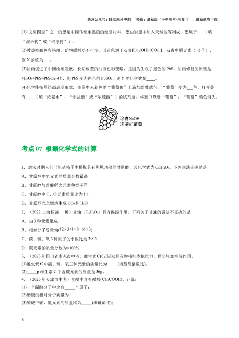 专题10化学式与化学用语（练习）-2024年中考化学一轮复习讲练测（全国通用）（原卷版）_02中考总复习（2026版更新中）_05-化学-中考总复习_2024年中考复习资料_一轮复习资料