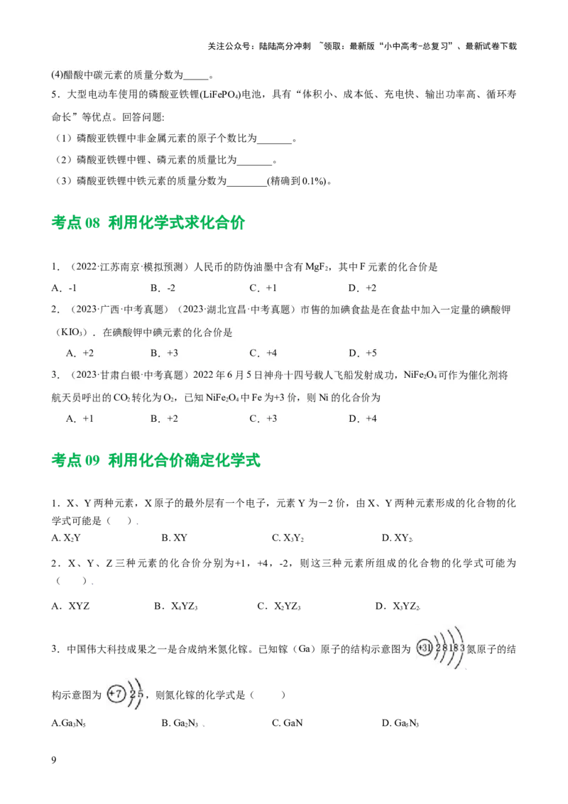 专题10化学式与化学用语（练习）-2024年中考化学一轮复习讲练测（全国通用）（原卷版）_02中考总复习（2026版更新中）_05-化学-中考总复习_2024年中考复习资料_一轮复习资料